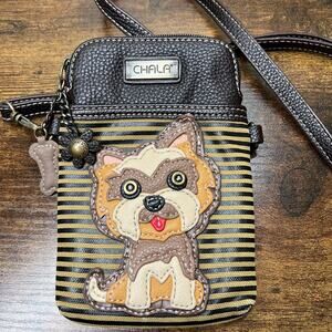 Chala Cellphone Crossbody Purse Yorkie Dog Mom Faux Leather Canvas Brown Bag